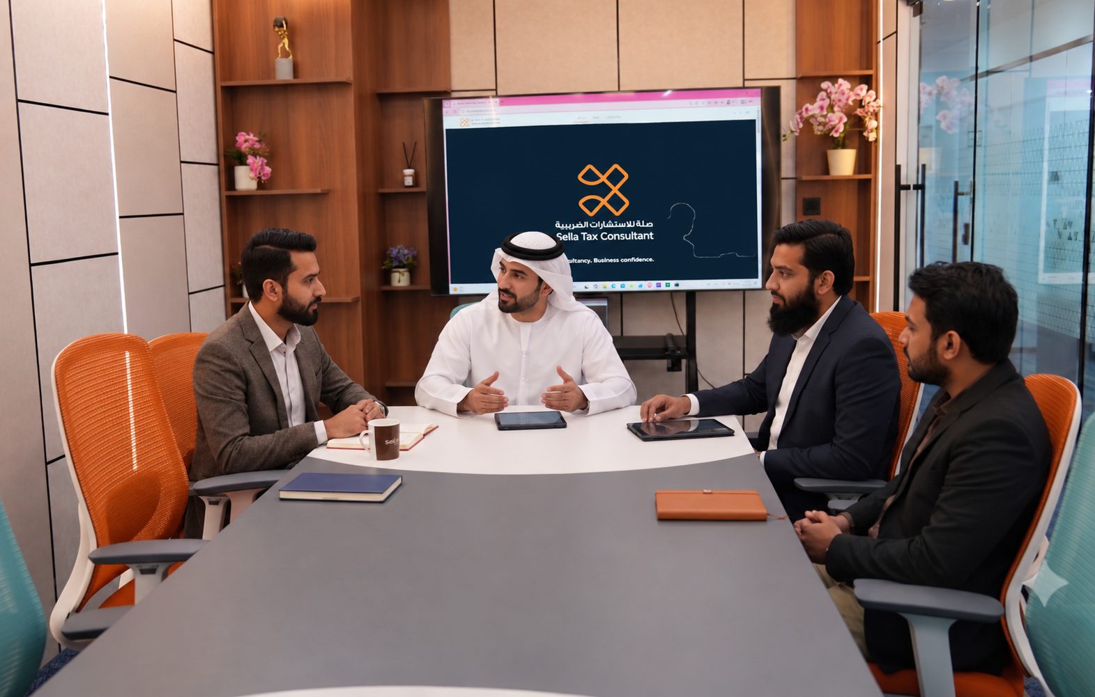 Four people in discussion around a boardroom table, the wall screen behind them showing the Sella Tax Consultant brand page.