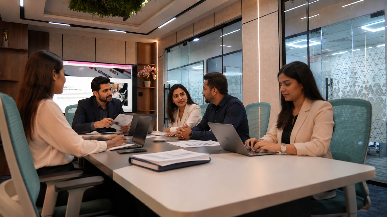 Five Sella colleagues around a boardroom table with laptops and printed reports, a presentation screen on the wall behind them.